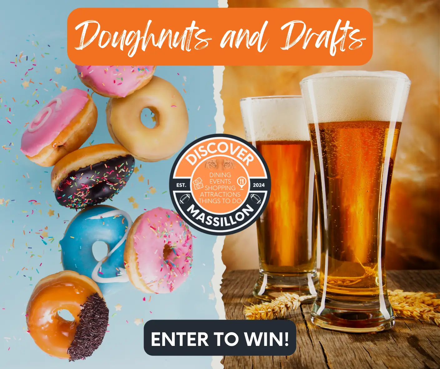 a picture of doughnuts and beer, promoting the doughnuts and drafts July Promo
